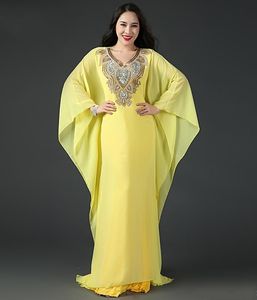 Abaya Dubai Kaftan islamique en mousseline de soie cristal robes de soirée arabes manches longues robes de bal perlées robes de soirée sur mesure HY4212