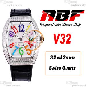 ABF V32 Vanguard Color Dream Reloj cronógrafo de cuarzo suizo para mujer Caja de diamantes para mujer Dial MOP Negro Número grande Cuero Lady Super Edition Reloj Hombre Puretime F6