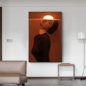 Chica abstracta amanecer cuadros rojos lienzo pintura arte de pared para sala de estar cuadro decorativo moderno sin marco