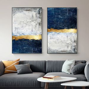 Abstrait or bloc bleu toile affiche et impression peinture moderne doré mur Art nordique marine photo pour salon décoration