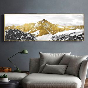 Peinture à l'huile de paysage abstrait, affiches et imprimés, toile d'art mural, images de montagne dorées pour décoration de salon et de maison