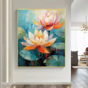 Pintura al óleo abstracta de flor de loto sobre lienzo, cuadro artístico de pared grande para dormitorio, pintura Floral rosa, regalo de decoración moderno hecho a mano
