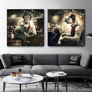 Affiches et imprimés abstraits de singe buvant du vin et de chien jouant du piano, peintures sur toile, images d'art murales pour salon et maison Dec223d