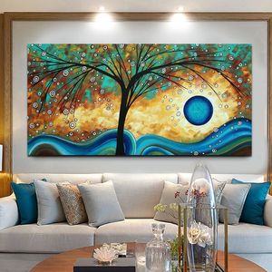 Pintura al óleo abstracta de árbol, puesta de sol, onda sobre lienzo, póster e impresiones, imagen artística de pared escandinava para decoración de Cuadros de sala de estar