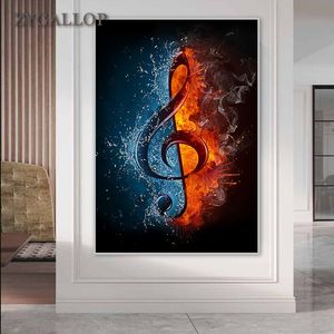 Pintura abstracta en lienzo de nota musical de agua y fuego, póster e impresiones en la pared, imagen de pared escandinava para decoración para sala de estar