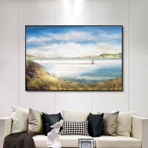 Pintura en lienzo de velero blanco abstracto en el mar, póster de paisaje nórdico e impresión de imagen artística de pared para decoración del hogar y sala de estar