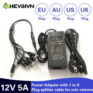 Accesorios AHCBIVN 12V 5A 8CH Fuente de alimentación CCTV Cámara de alimentación de CCTV 8 Puerto DC+Pigtail Coat DC 12V Adaptador de potencia