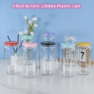 Acrílico 16z libbey lata de plástico con paja para vinilo UV DTF Sticker Summer Drinkware Mason Jar Juice Cup 0407