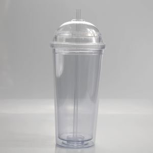 Vaso acrílico de 20 oz con tapa, pajitas de plástico dobles con copas, cúpula, botella de agua, bebida, pared aislada transparente Jlubi 713 R2