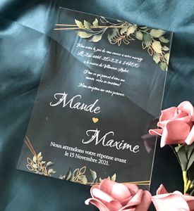 Invitación de boda acrílica, eucalipto invitación acrílica, menú de boda acrílico de 10 piezas personalizadas con base, invitación de bautismo de hojas verdes