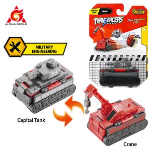 Actiespeelgoedfiguren Transracers 1 stks 2-in-1 Transformerende Voertuigen Heftruck Gepantserde Kraan Wals Mini Flip auto Meisje Jongen Verjaardag Kid Speelgoed Geschenken 230605