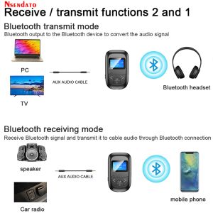 Adaptateur 2 en 1 Bluetooth 5.0 Adaptateur Écran LED Scran sans fil d'émetteur Blue Tooth Receiver pour PC TV Car 3,5 mm Aux Music Adaptador