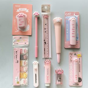 10Pcs Pink Cat Paw Stationery Set for Girls - Gel Pens, Correction Tape, Memo Pads, Eraser, and Knife