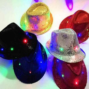 Casquette Fedora à paillettes clignotantes pour hommes et femmes adultes, casquette de Jazz éclairante, chapeau Hip Hop, fête d'anniversaire, de noël et de mariage