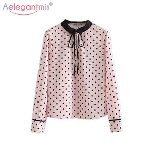 Aelegantmis Sweet Polka Dot Chemise Chemise en mousseline Femmes Mignon Bow Peter Pan Col Collier Blouses Printemps Femme manches longues Rose Tops 210607