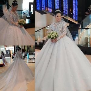 2022 Vestidos de novia de manga larga musulmanes árabes modernos Puffy A Line Sheer Jewel Neck Apliques Lentejuelas Granos Vestidos de novia formales largos BC0895