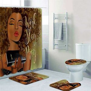 Ensemble de rideau de douche afro-américain Black Girl Work Slay Pray Salle de bain Rideau Tapis de bain Tapis Tapis Toilette Inspiration Home Decor 211116