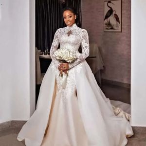 Vestidos de novia de cuello alto de manga modesta árabe africana con apliques de tren desmontables Vestidos de novia largos de tul de encaje Vestido De Novia por encargo BC