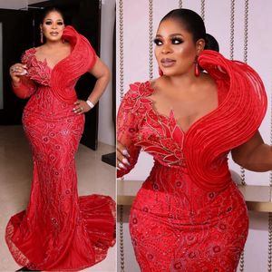 Africaine Arabe Grande Taille Aso Ebi Robes De Bal Sirène Rouge Robe De Soirée Formelle pour Occasions Spéciales Femmes Noires Robe De Bal En Dentelle Perlée Robes De Fête D'anniversaire ST669