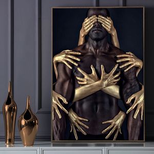 Pintura en lienzo de hombre desnudo dorado negro de arte africano, pósteres e impresiones artísticos de pared modernos, imágenes en lienzo para decoración para las paredes del salón