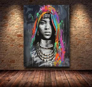 Africain Noir femme Graffiti Affiches et imprimés Abstract African Girl Tolevas Painting on the Wall Art Pictures Decor1005977 Girl