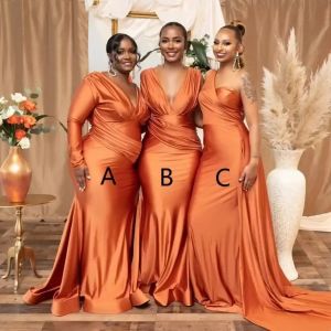Vestidos de dama de honor de sirena de color naranja quemado africano de talla grande Vestido de invitados de boda de verano para niñas de Nigeria Vestidos de dama de honor largos con cuello en V sexy Tamaño Puls