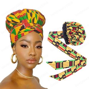 Cagoule de Style africain grande taille Turban Cap pour femmes Satin doublé Bonnet Long ruban bonnet casquettes bandeau Double couche foulard