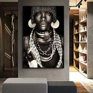 Arte de pared africano, pintura en lienzo de mujeres tribales primitivas, decoración moderna para el hogar, imágenes de mujer negra, pinturas decorativas impresas Mural249x