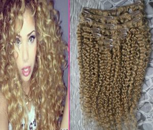 Afro kinky clip in extensions clip in human hair extensions 7pcs honey blond kinky curly african american clip in human hair exten2123522