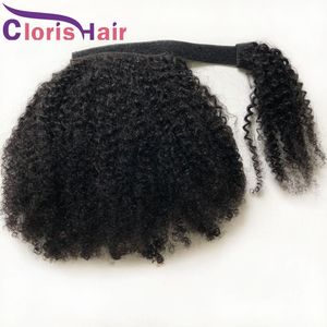 Afro Kinky Curly Ponytail Extensions Clip Ins Wrap Around Raw Indian Virgin Human Hair Ponytails pour les femmes noires Magic Paste Curly Pony Tails