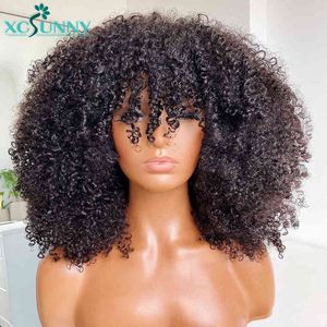 Afro crépus bouclés perruque avec frange pleine Machine fait cuir chevelu haut 200 densité Remy brésilien court cheveux humains s Xcsunny 220707