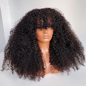 Afro kinky encaracolado peruca com franja completa 200 densidade remy brasileiro curto kinky curlys frente do laço perucas de cabelo humano para preto