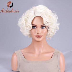 Aideshair Blonde perruque courte bouclée avec frange attrayante pleine pour les femmes et les filles 231226
