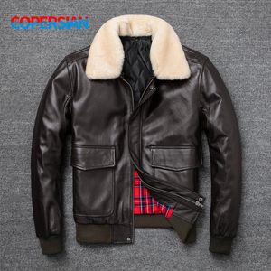 Chaqueta de vuelo de la Fuerza Aérea Collar de pelaje de piel genuina Jaqueta de cuero de vaca Hombres Black Brown Vacada de vaca Chaqueta de invierno para hombres 231227