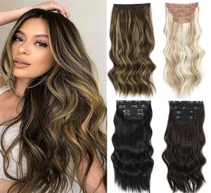 Aisi Hair Synthetic 4PCS / Set Long Wavy Hair Extensions Clip dans ombre Blonde Dark Brown Pièces épaisses W2204019234489