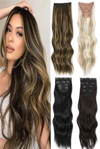 AISI HEIRS Synthétique 4PCS / Set Long Wavy Hair Extensions Clip dans ombre Blonde Dark Brown Pièces épaisses W2204018559351