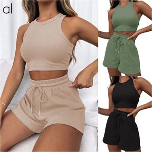 AL-087 Traje de gofre sin mangas para mujer, chaleco de Color sólido, pantalones cortos deportivos informales a la moda, conjunto de Yoga, traje de Fitness