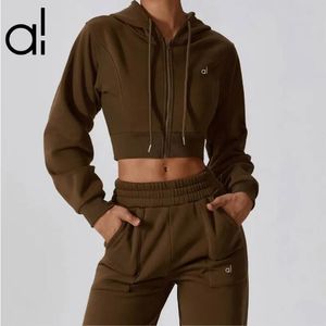 AL-84 Costumes de yoga Veste à capuche avec logo 3D Ensemble de sport court Mode Sweat à capuche zippé taille haute Pantalon ample Streetwear Jogger Sportswear Lantern Sports Pants