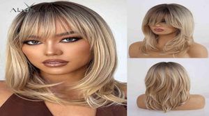 ALAN EATON perruques synthétiques longue ligne droite coiffure en couches Ombre noir brun blond gris cendre perruques complètes avec frange pour les femmes noires Y8511435