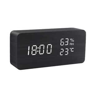 Alarm Clock LED Digital Wooden USB/AAA Powered Table Watch With Temperature And Humidity Gauge Voice Control Snooze Desk Clocks 210804