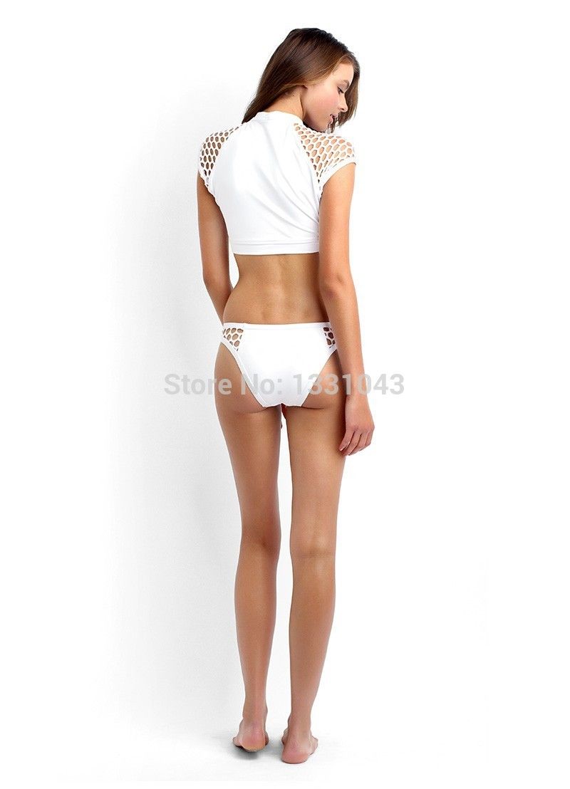 Wholesale-2015 Mesh Crop Top Cut Out High Neck Brazilian Bikinis For Women, Sexy Hollow Out Padded Beachwear Sport Biquini Swimwear