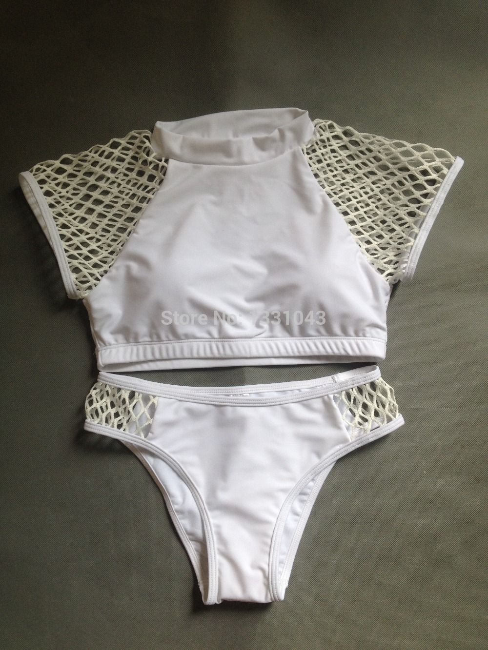 Wholesale-2015 Mesh Crop Top Cut Out High Neck Brazilian Bikinis For Women, Sexy Hollow Out Padded Beachwear Sport Biquini Swimwear
