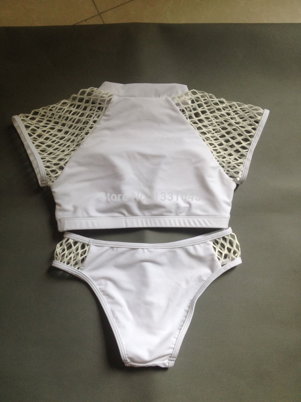 Wholesale-2015 Mesh Crop Top Cut Out High Neck Brazilian Bikinis For Women, Sexy Hollow Out Padded Beachwear Sport Biquini Swimwear