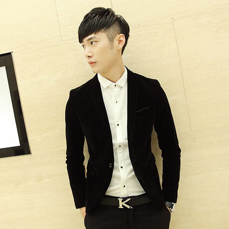Wholesale-New Arrival Single Button Casual Velvet Blazers Men Korean Fashion Slim Fit Casual Wine Red Navy Blue Blazer Clothing M-XXL