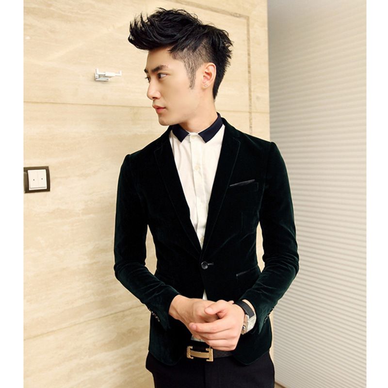 Wholesale-New Arrival Single Button Casual Velvet Blazers Men Korean Fashion Slim Fit Casual Wine Red Navy Blue Blazer Clothing M-XXL