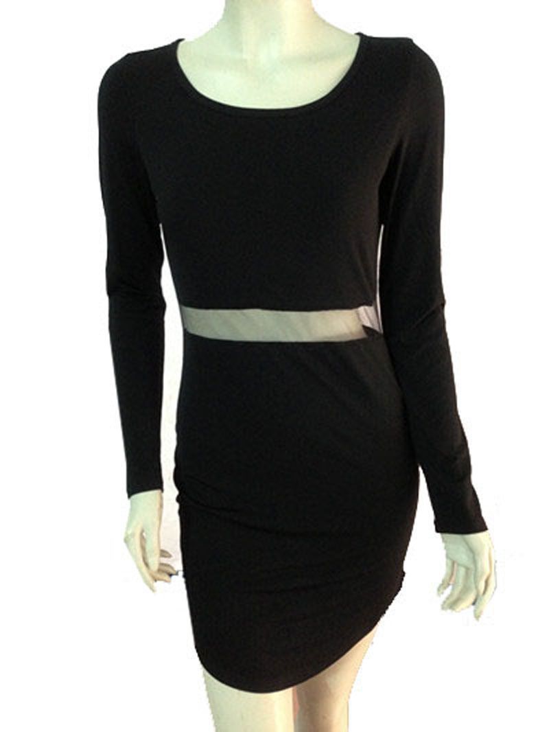 Wholesale-2015 new fashion Balck women black bodycon bandage dress casual O-neck long sleeved mesh waist Slim sexty mini dresses plus size