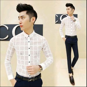Toptan-Sıcak 2016 Yeni Kore Moda Erkek Gömlek Through Rahat Dantel Slim Fit Elbise Gömlek Erkekler Shirt Uzun Kollu Siyah Beyaz