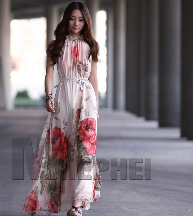 Wholesale-Elegant Women Chiffon Floral Sleeveless Evening Party Beach Maxi Long Dress