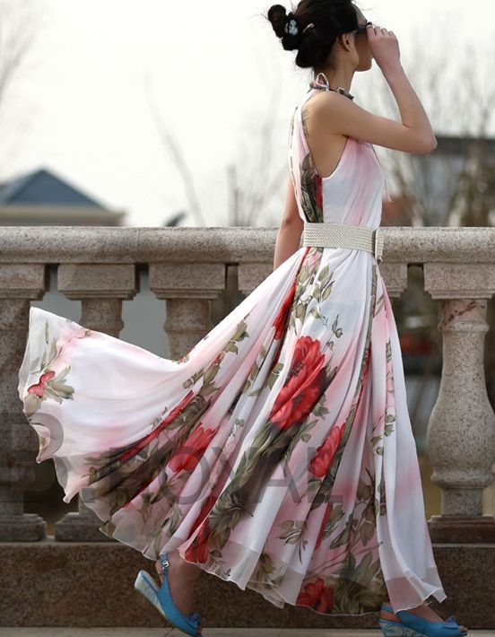 Wholesale-Elegant Women Chiffon Floral Sleeveless Evening Party Beach Maxi Long Dress
