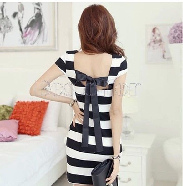 Wholesale-2015 new Sexy&amp;Club Women O-Neck backless black white Color Patchwork Package Hip bodycon Dress 31